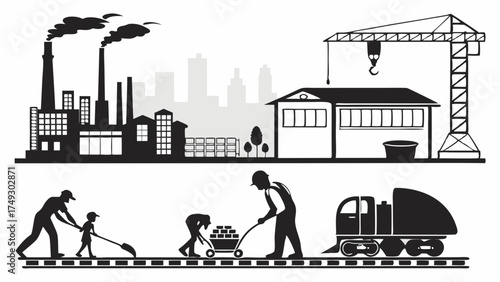 Industrial Factories, City Construction, and Railway Workers Building Infrastructure. Economic Development, Urban Growth, Labor Force, and Progress Illustration for Business and