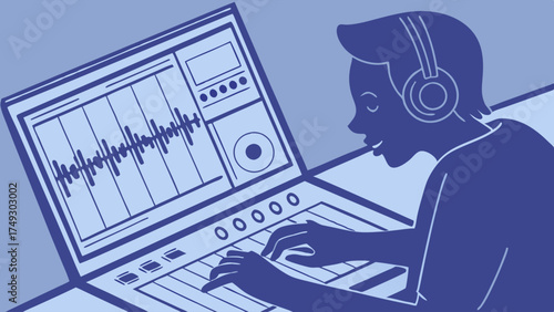 Focused Creator Editing Podcast Audio on Laptop with Headphones Digital Illustration
