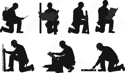 Construction workers silhouettes kneeling with tools, blueprints, measuring instruments, teamwork, engineering planning, precision, industrial labor, architecture, vector illustration design