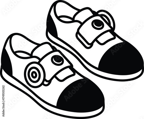 Simple black and white line art illustration of two children s sneakers with velcro straps on a white background