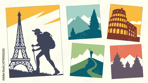 Explore the World Travel Adventure Illustrations with European Landmarks and Mountain Hiking for Tourism Marketing and Web Design