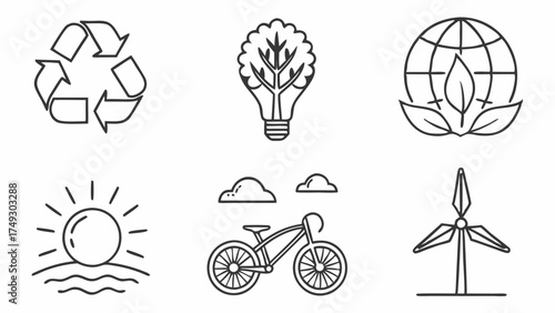 Eco Friendly Sustainable Line Icons Set Green Energy Recycling Environmental Protection Climate Change Solutions Web Design Marketing Graphic