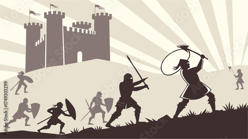 Medieval Warriors Fighting Uphill Battle Towards Castle Silhouette Strategic Conquest and Determination