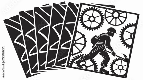 Worker Silhouette on Playing Card with Gears. Driving Industrial Progress, Business Strategy, Labor, and Effort for Manufacturing and HR Solutions.