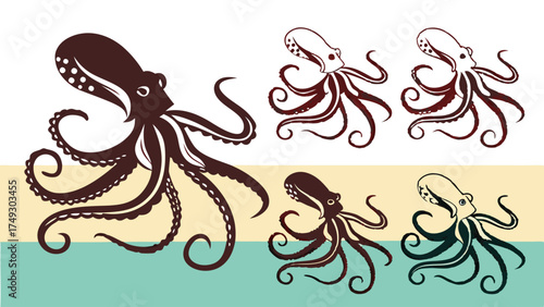 Stylized Octopus Vector Illustrations. Vintage Marine Animal Graphics for Seafood Restaurant Branding, Nautical Decor, Ocean Theme Design, Apparel, and Web.