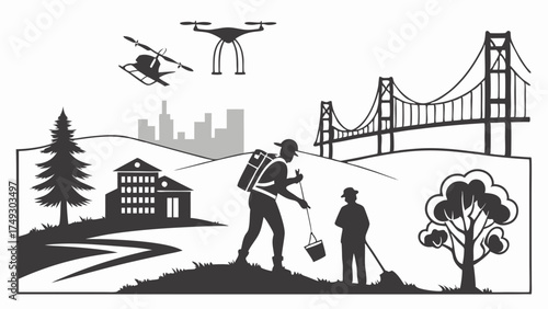 Outdoor Team with Drone and Helicopter Surveying Urban and Rural Landscapes for Environmental Management and Infrastructure Development