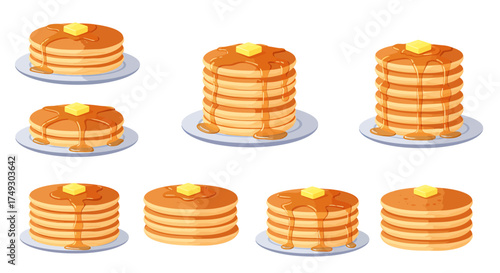 Eight stacks of pancakes with butter and dripping syrup on plates