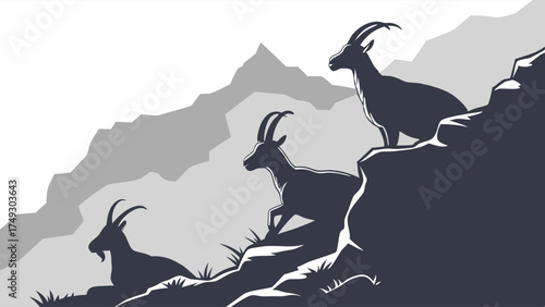 Three mountain goats confidently climbing a rugged rocky mountain, depicting resilience, ambition, and perseverance for business success, leadership, and adventure.