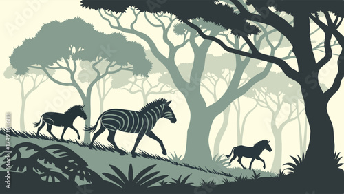 Wild Zebras Walking Through African Wilderness Landscape Silhouette Safari Animals in Nature for Travel Education and Web Design