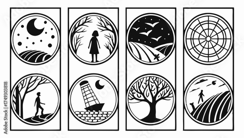 Minimalist Black White Vector Illustrations Nature Landscapes People Walking Exploration Discovery Serene Scenes for Web Design App Icons Book Covers Editorial Graphics