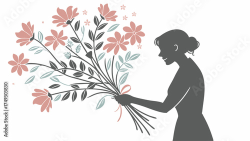 Happy Woman Silhouette Holding Floral Bouquet Vector. Gifting, Appreciation, Thank You, Mothers Day, Celebration, Web Design.