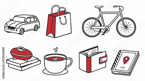 Essential Everyday Objects Line Art Icons for Modern Lifestyle and Consumer Goods. Shopping, Travel, Leisure, Personal Finance. Web Design & Marketing Assets.