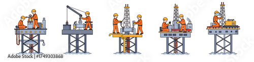 Five illustrated offshore oil and gas drilling platforms with workers
