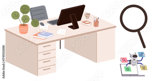 Computer desk with monitor, plant, books, tools, and magnifying glass beside robot showing task automation. Ideal for research, productivity, AI automation innovation organization exploration. A