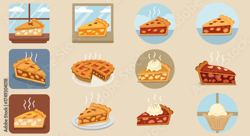 Grid of twelve illustrations featuring various slices and whole pies some steaming
