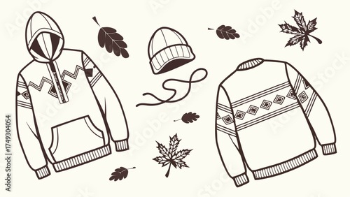 Cozy Autumn Fall Fashion Apparel Flat Lay with Hoodie Sweater Beanie Hat and Seasonal Leaves for E-commerce and Lifestyle Design