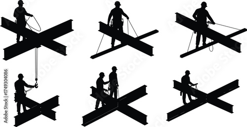 Construction workers on steel beams with safety harnesses, helmets, teamwork, industrial labor, structural framework, high‑rise building site vector illustration set