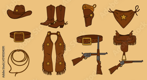 Illustration of various brown leather cowboy gear items on a tan background