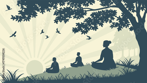 Mindful Meditation Group in Serene Nature at Sunrise for Wellness Yoga Retreat and Mental Health Illustration