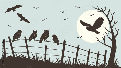 Owls Silhouette Perching on Rustic Fence with Flying Birds and Full Moon in Tranquil Countryside Night Vector Illustration