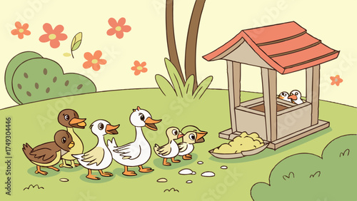 Happy Duck Family and Cute Ducklings Eating from Feeder in Sunny Green Garden. Children's Book Illustration, Educational Content, Nature Web.