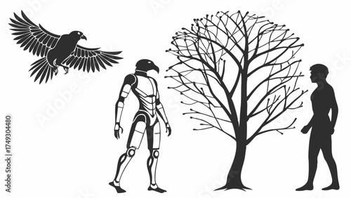 Humanoid Bird Robot and Human Silhouette with Glowing Data Tree and Flying Raven for AI and Future Innovation