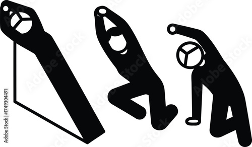 Three stylized figures in silhouette performing a sequence of movements or exercises against a white background