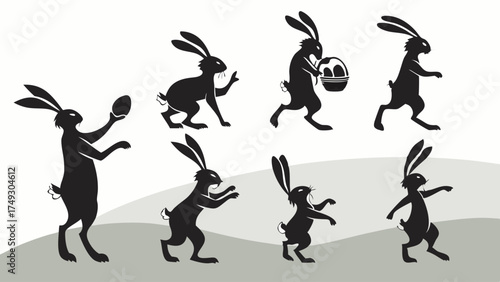 Easter Bunny Silhouettes Carrying Eggs and Baskets for Spring Holiday Promotions, Kids' Festive Events, and Family Celebration Designs