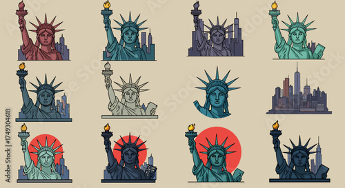 Twelve illustrations of the Statue of Liberty in various colors and styles