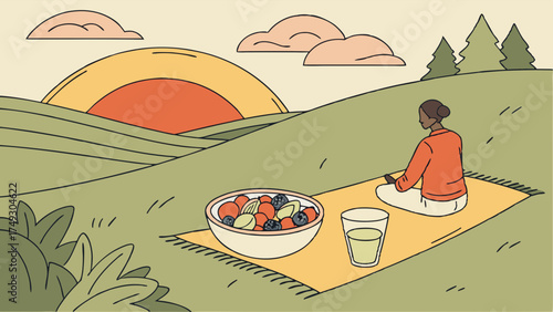 Woman Relaxing Outdoors with Healthy Fruit and Phone at Sunrise. Wellness and Self-Care Illustration for Mindful Living and Digital Balance.