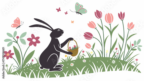 Happy Easter Bunny Carrying Flower Basket in Spring Meadow. Cute Rabbit Illustration for Holiday Promotions, Children's Books and Seasonal Marketing.