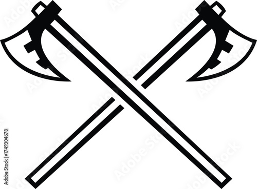 crossed lumberjack hatchets in engraving style icon
