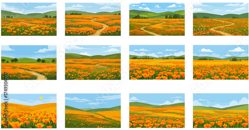 Twelve illustrations of vibrant orange poppy fields under blue partly cloudy skies