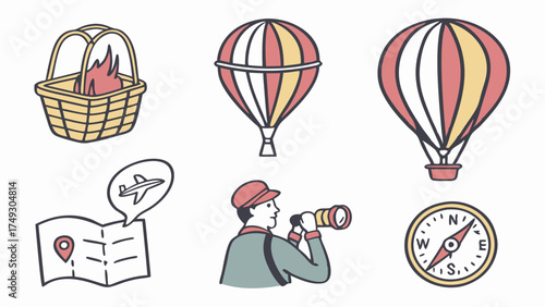 Adventure Travel Planning Icons with Hot Air Balloons Map Compass and Explorer for Outdoor Exploration and Vacation Discovery