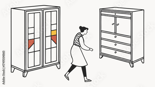 Female Shopper Comparing Stylish Storage Cabinets for Home Decor