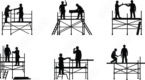 Construction workers silhouettes on scaffolding teamwork safety communication industrial site vector illustration building teamwork labor industry occupational teamwork concept