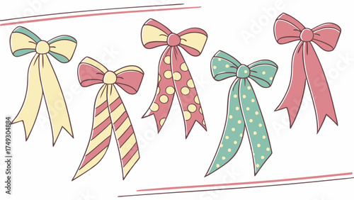 Charming Hand Drawn Pastel Ribbon Bows with Polka Dots and Stripes for Gift Wrapping, Party Decor, Fashion, Crafting, and Feminine Web Design