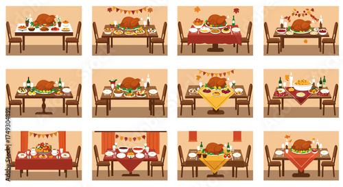 Twelve rectangular illustrations depict various Thanksgiving dinner table settings with roasted turkeys