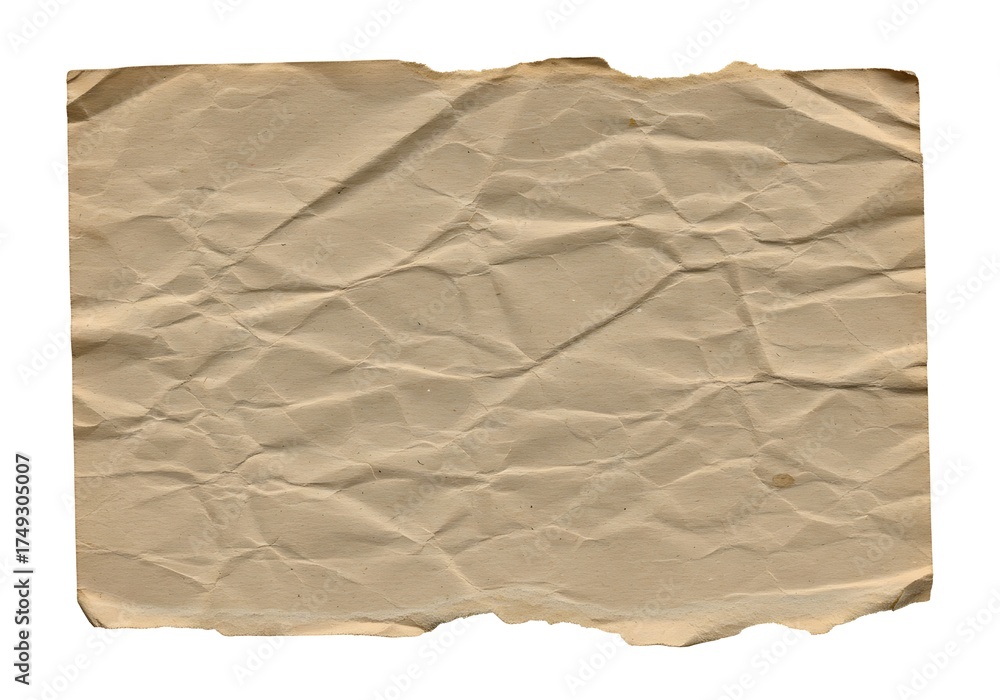 Obraz premium Close-up of a crumpled and torn piece of aged, textured, beige paper, showing detailed folds.