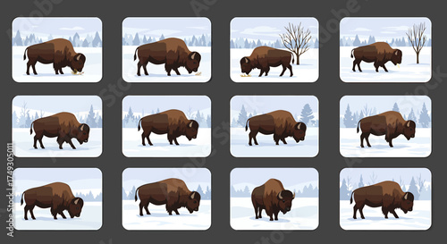 Twelve square icons showing a brown bison in various winter poses against a snowy forest background