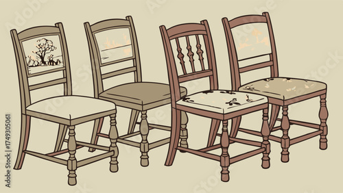 Comparing Old and New Wooden Chairs: Diverse Furniture Styles for Home Decor, Interior Design, and Renovation.