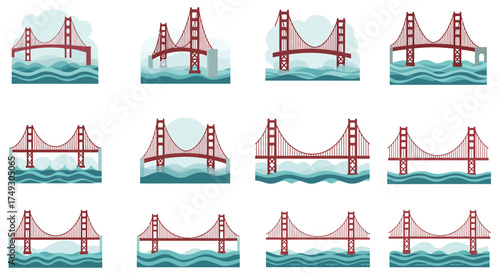 Twelve stylized illustrations of red suspension bridges over teal water