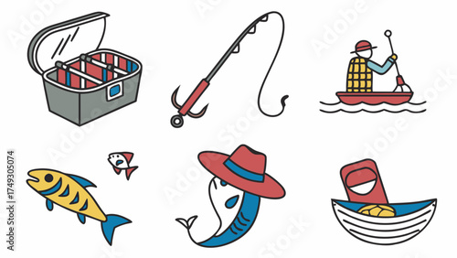 Playful Fishing Illustration Set. Fisherman In Canoe, Tackle Box, Rod, And Cute Fish. Outdoor Recreation, Summer Hobby, Web Design, Kids Activity.