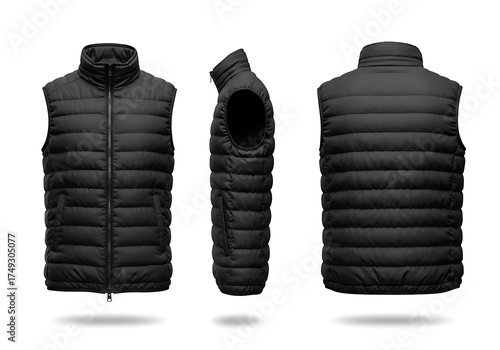 Three detailed views of a black puffer vest, showcasing its front, side, and back on a clean white background.