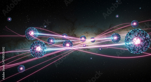 glowing quantum nodes connected by beams of light in dark space