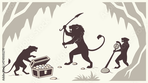 Lion and Panthers Hunting Treasure Exploring for Gold and Discovering Riches in a Cave for Strategic Growth