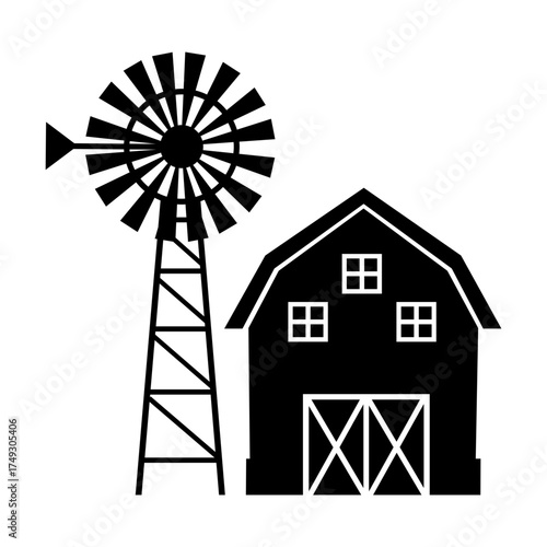 Farmhouse barn and windmill svg cut file. Isolated vector illustration.