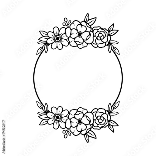 Floral circle frame monogram svg cut file. Isolated vector illustration.