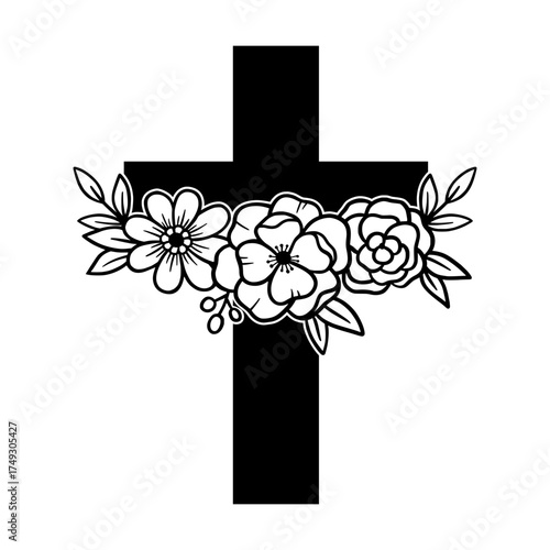 Floral christian cross svg cut file. Isolated vector illustration.