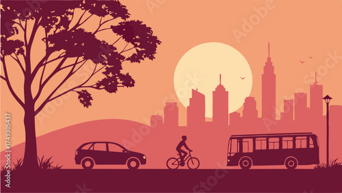 City Skyline Silhouette with Commuting Car Bus and Cyclist at Sunset Urban Transportation and Modern Lifestyle Design Background